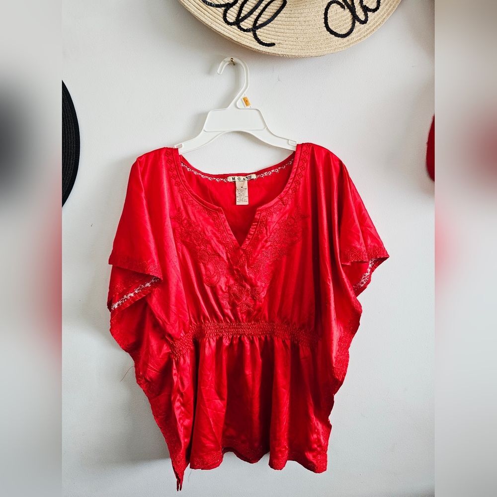 MOA USA Red Embroidered Kaftan Blouse Elastic Waist M